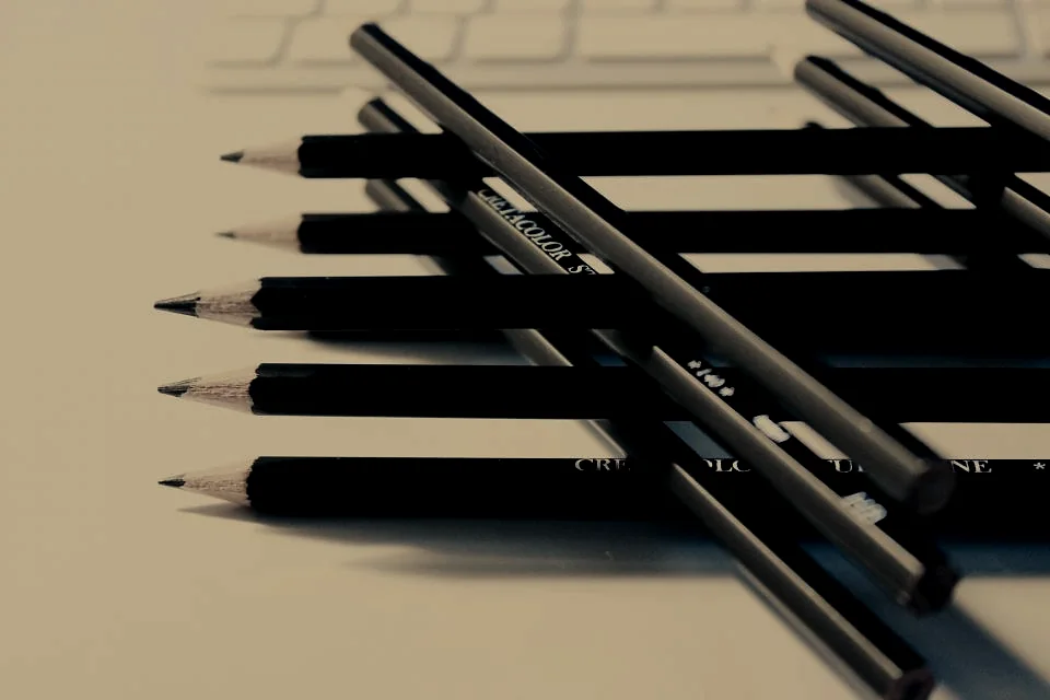 Black pencils lined up on a light surface